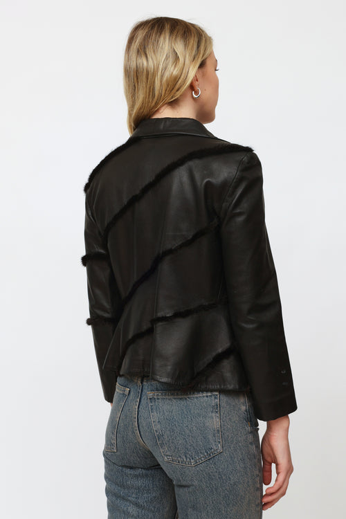 Versace Black Leather Fur Trim Jacket